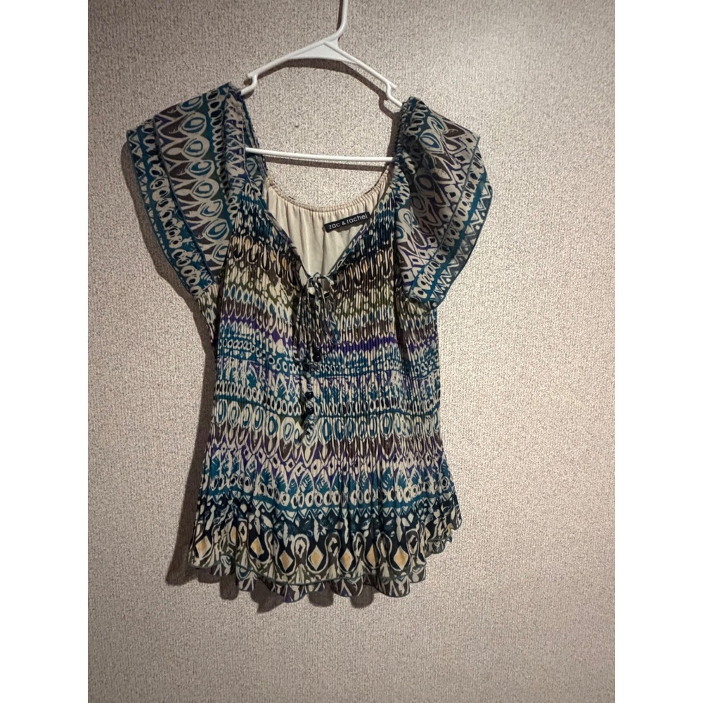 Zac & Rachel Womens Pleated Boho Ikat Print Blouse Blue Purple Cap Sleeve Top